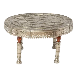 Moroccan Clad White Metal on Wood Round Coffee Table