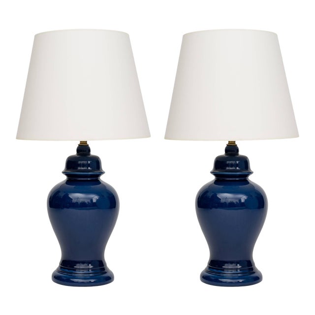 Indigo Ceramic Ginger Jar Lamps - a Pair For Sale