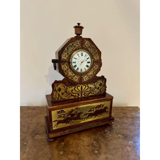 Hollywood Regency Antique Regency Rosewood Brass Inlaid Mantle Clock, 1820 For Sale - Image 3 of 8