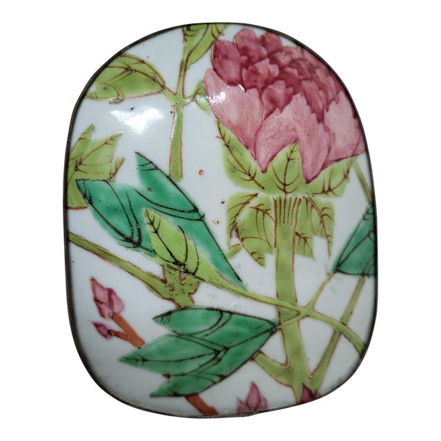 Pink and Green Floral Porcelain Metal Box For Sale