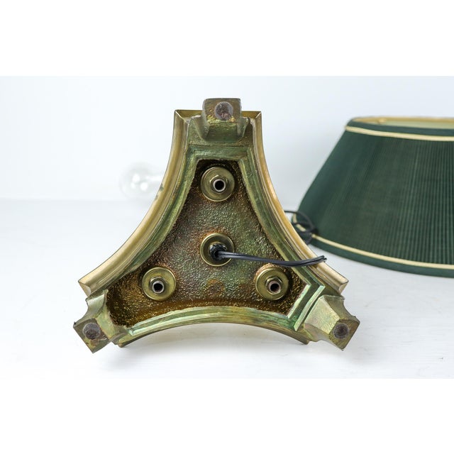 Vintage Brass Bouillotte Library Lamp With Green Pleated Shade For Sale - Image 11 of 13