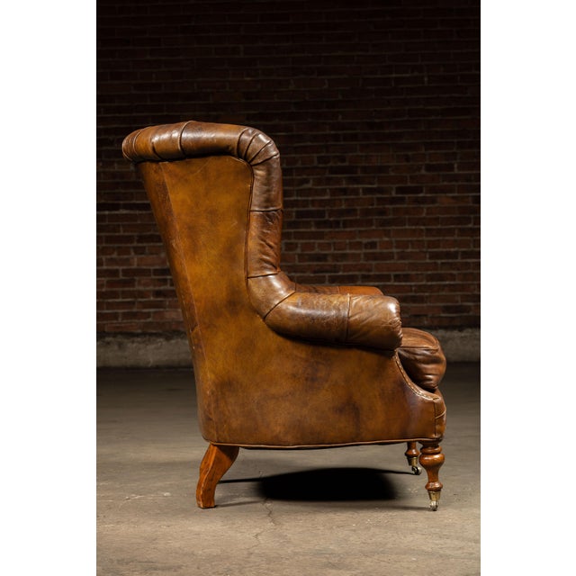 Vintage Tufted Leather Highback Armchair With Lumbar Pillow in Brown For Sale - Image 4 of 11