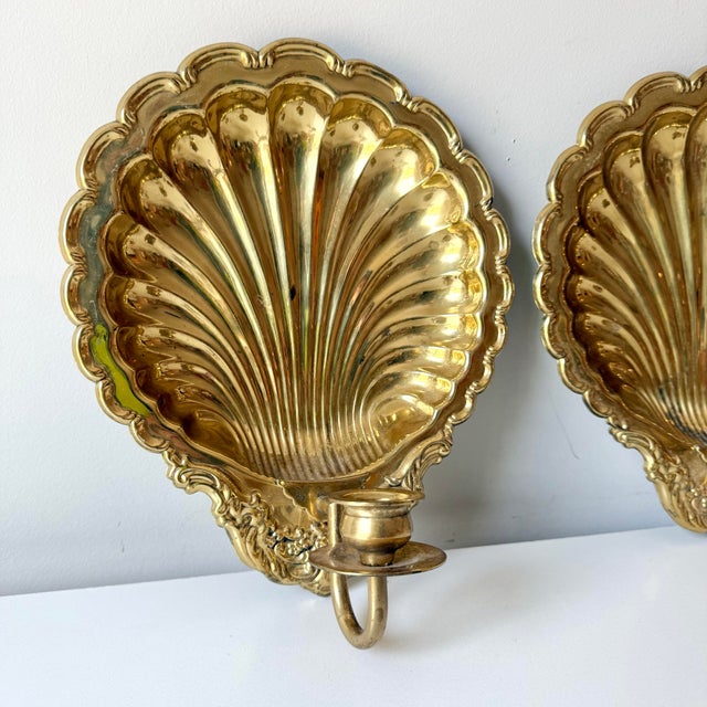 Mid 20th Century Brass Clamshell Candlestick Sconces For Sale - Image 4 of 7