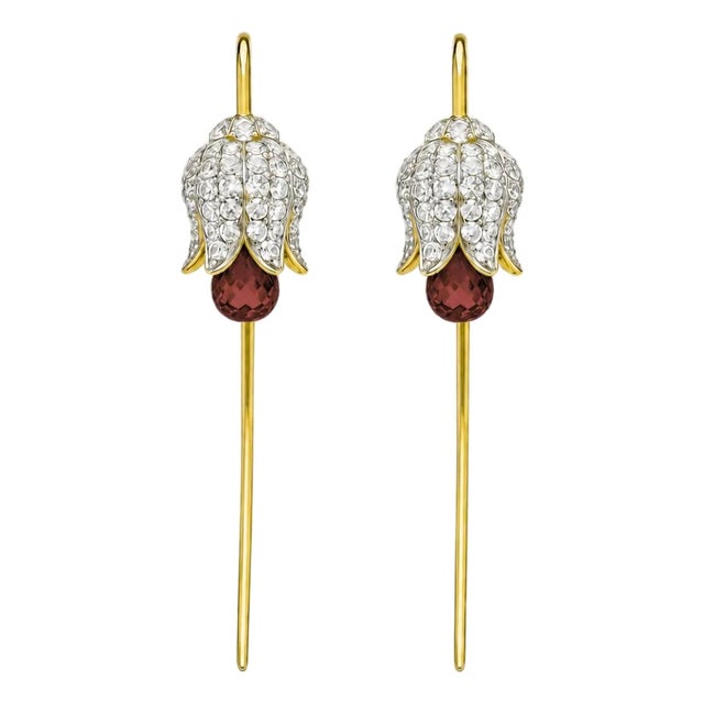Silver, Gold Lily Flower Earrings With Garnet Briolettes, Pair For Sale