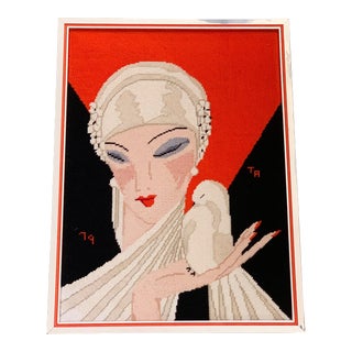 1970s Art Deco Revival Framed Cross Stitch Textile Art For Sale