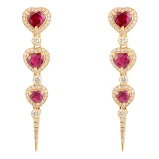 18k Solid Gold Heart-Cut Ruby Dangle Earrings- A Pair For Sale