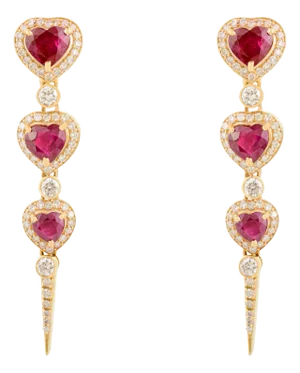 18k Solid Gold Heart-Cut Ruby Dangle Earrings- A Pair