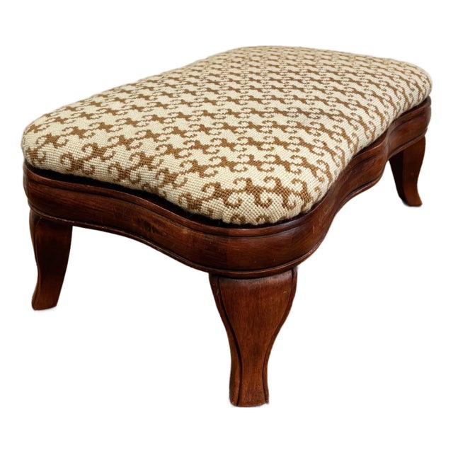 Mid 20th Century Vintage Footstool With Curved Wood Legs and Mid-Century Jacquard Upholstery For Sale