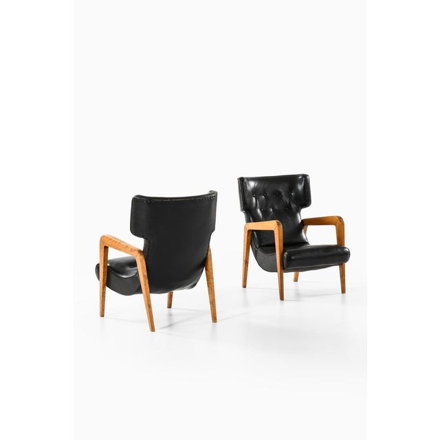 Black Easy Chairs in Leather and Birch, 1950s, Set of 2 For Sale - Image 8 of 12