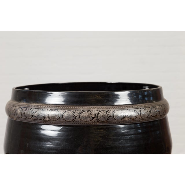 Metal Burmese Vintage Black Lacquer Bowl with Silver Toned Frieze of Palmettes For Sale - Image 7 of 12