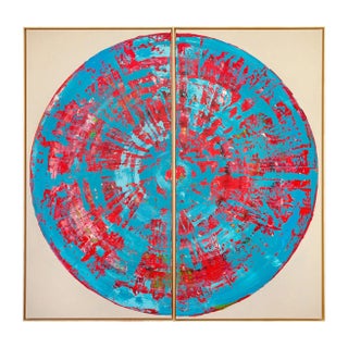 Cyan Red Circle Diptych, Contemporary Painting on Canvas, Framed For Sale