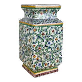 Vintage 14" Chinese Porcelain & Enamel Green Floral Paneled Vase For Sale