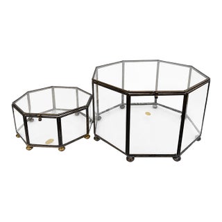 Vintage Mexican Brass & Glass Octagonal Display Boxes, Set of 2 – Micro Kit Mexico For Sale