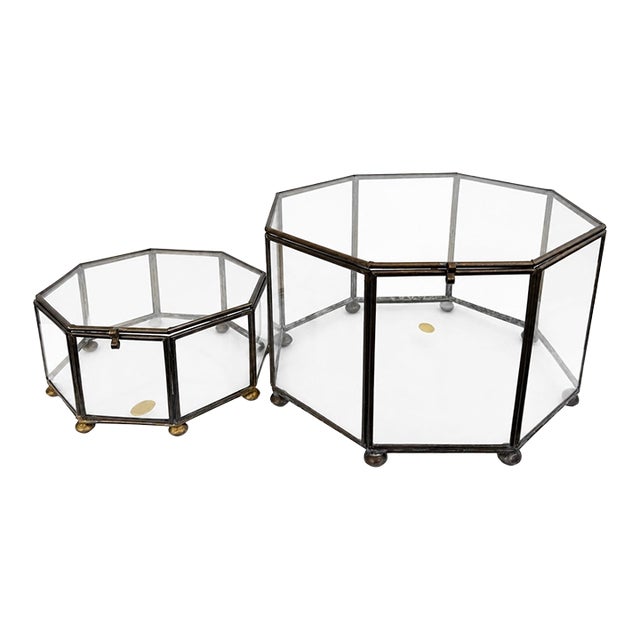 Vintage Mexican Brass & Glass Octagonal Display Boxes, Set of 2 – Micro Kit Mexico For Sale