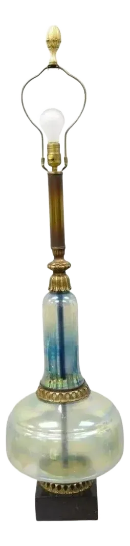Vintage Mid Century Modern Italian Iridescent Blue Art Glass Tall Table Lamp