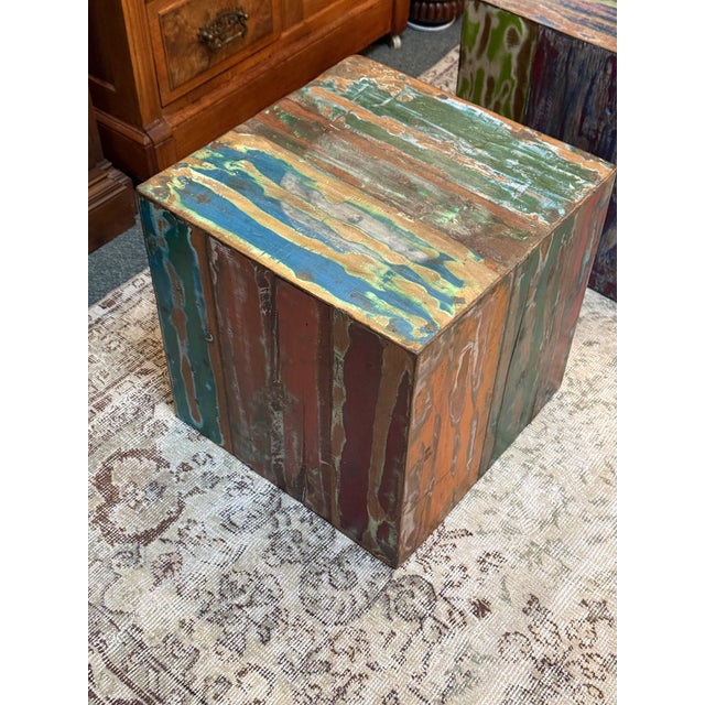 Brown Handmade Reclaimed Boat Wood Cube Stools, Pair For Sale - Image 8 of 12