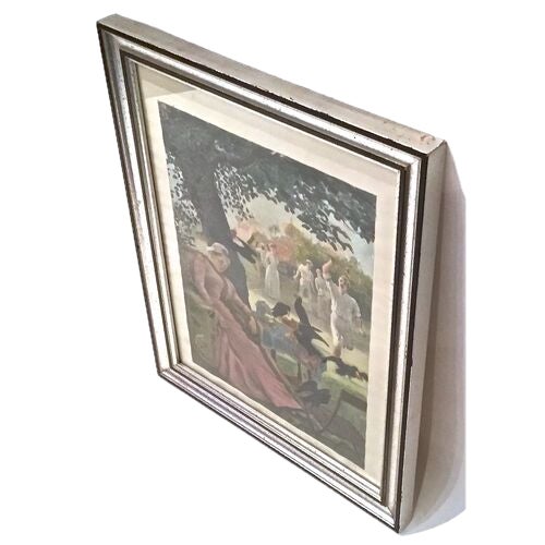 Edwardian engraving of tennis players frolicking in the background with a woman sleeping in the foreground surrounded by...