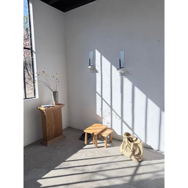 Set of two small nesting stools or coffee tables in light golden oak. we love their compact size, perfect as extra low...