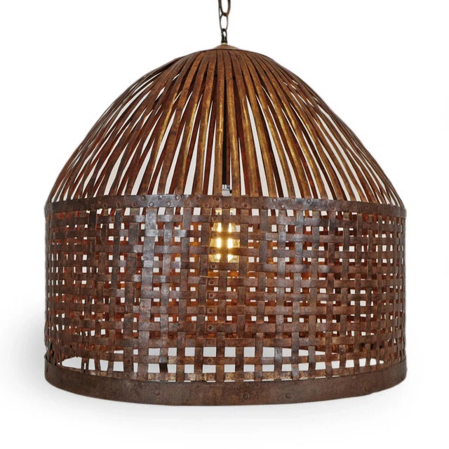 Original vintage iron basket cage, repurposed into unique industrial farm style lighting fixture. Beautiful aged and...