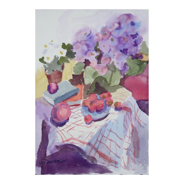 Vintage Primroses and Fruit Still Life by Les Anderson For Sale