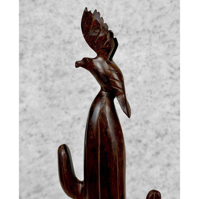 Vintage Southwestern Carved Wood Bird & Cactus Sculpture For Sale - Image 6 of 10
