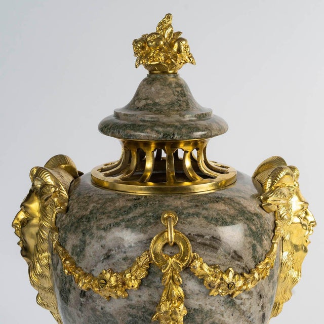 Louis XVI Green Granite Cassolettes with Gilded Bronze, Set of 2 For Sale - Image 6 of 9