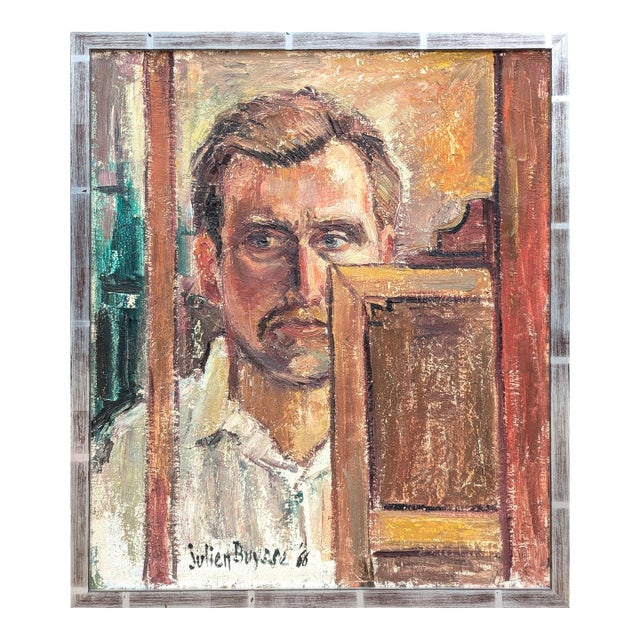 Julien Buysse "Portrait of the Artist" Early Realistic Neutral Toned Figurative Painting, 1966 For Sale