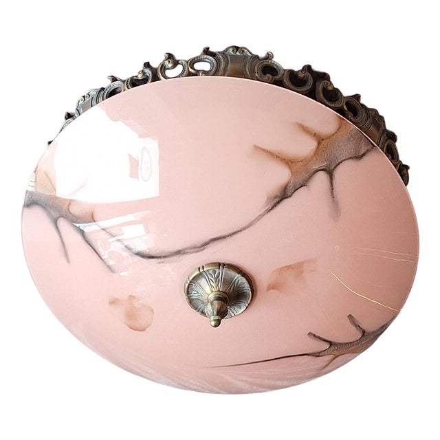 Vintage Ceiling Lamp with Patinated Metal Mounting and Pink Marbled Glass Shade by Honsel, 1990s For Sale