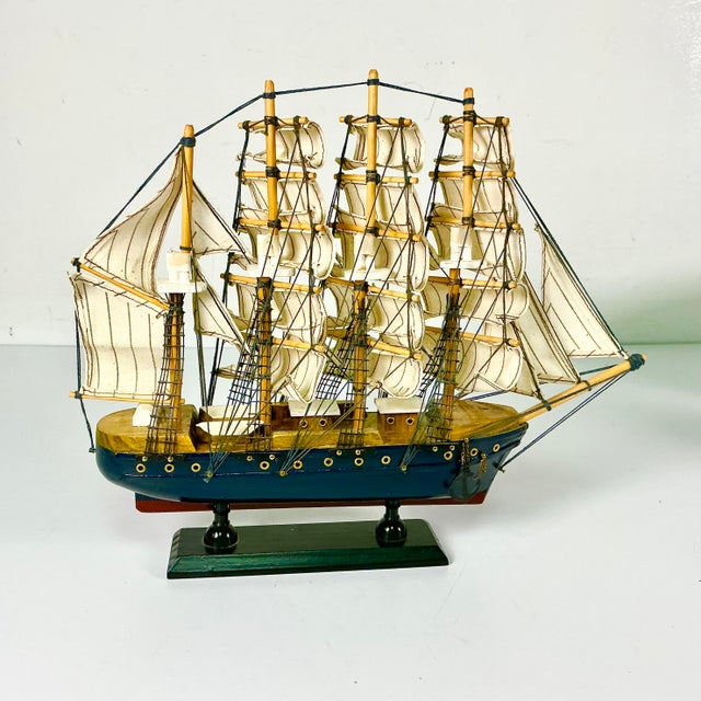 Mid-Century Nautical Coastal Boho Chic Wood Four Tall Mast Ship Model For Sale - Image 11 of 16