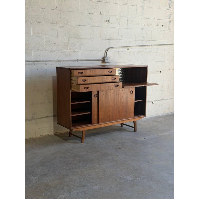 Mid-Century Modern Vintage Danish Modern Teak Secretary Sideboard Cabinet With Drop Front Bar 1960s For Sale - Image 3 of 10