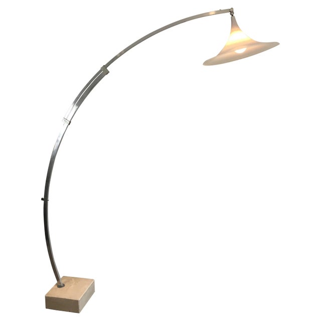 This unusual Arco style floor lamp is made of brushed aluminium with a conical white plastic reflector and a square marble...