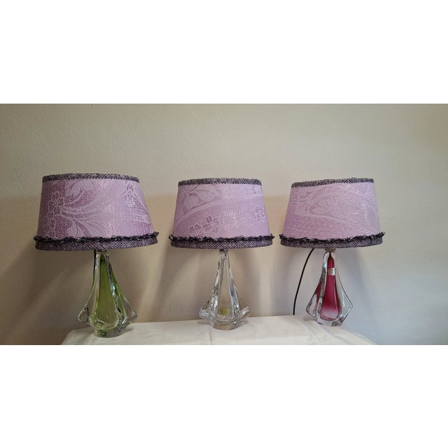 Vintage Belgian Table Lamps in Colored Crystal Glass Feet by Christalleries De Val St Lambert and Lamplove, 1970s, Set of...