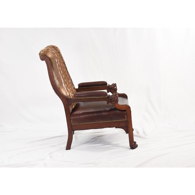 Brown 19th Century Gentleman's Library Chair Restored in Axis Deer Hide and Chesterfield Leather For Sale - Image 8 of 17