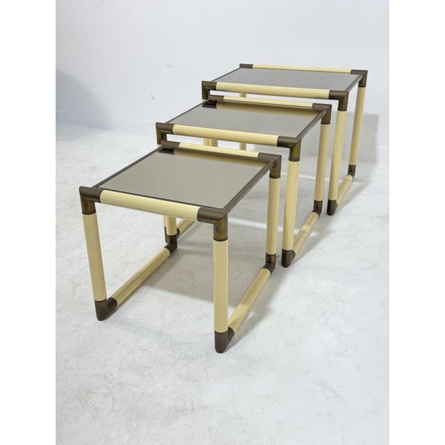Enameled Metal and Brass Coffee Tables in the style of Tommaso Barbi, 1970, Set of 3 For Sale - Image 3 of 17