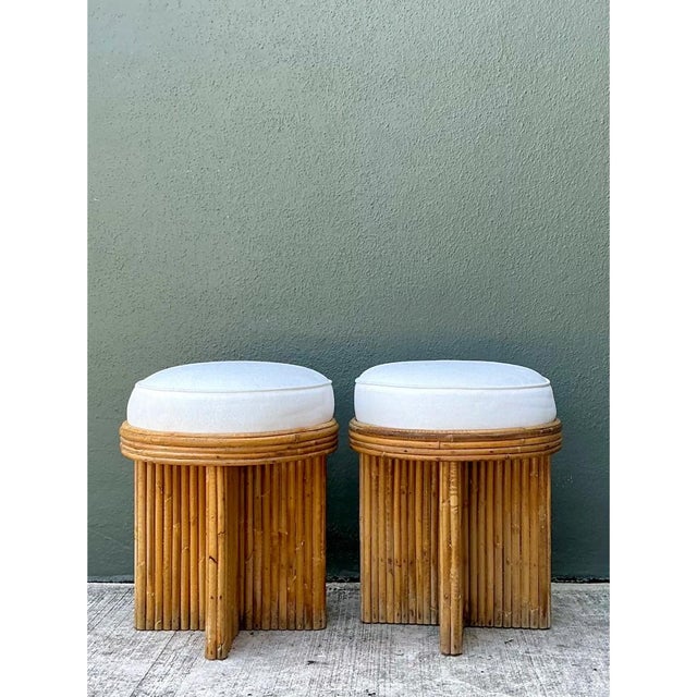 Mid-Century Modern Vintage Rattan Drum Stools - A Pair For Sale - Image 3 of 12