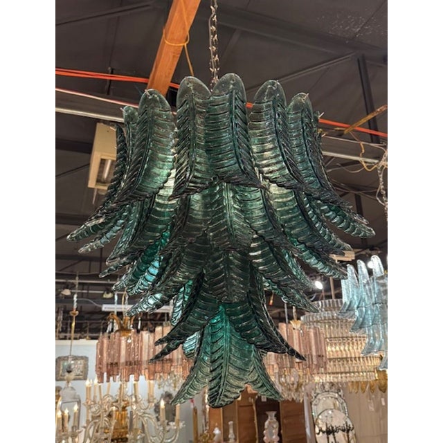 Modern Modern Palm Leaf Dark Green Murano Glass Waterfall Chandelier For Sale - Image 3 of 6