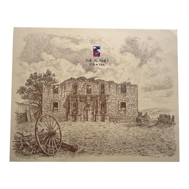1986 Alamo 150th Anniversary 22 Cent Stamp & R. Adair Litho Print For Sale