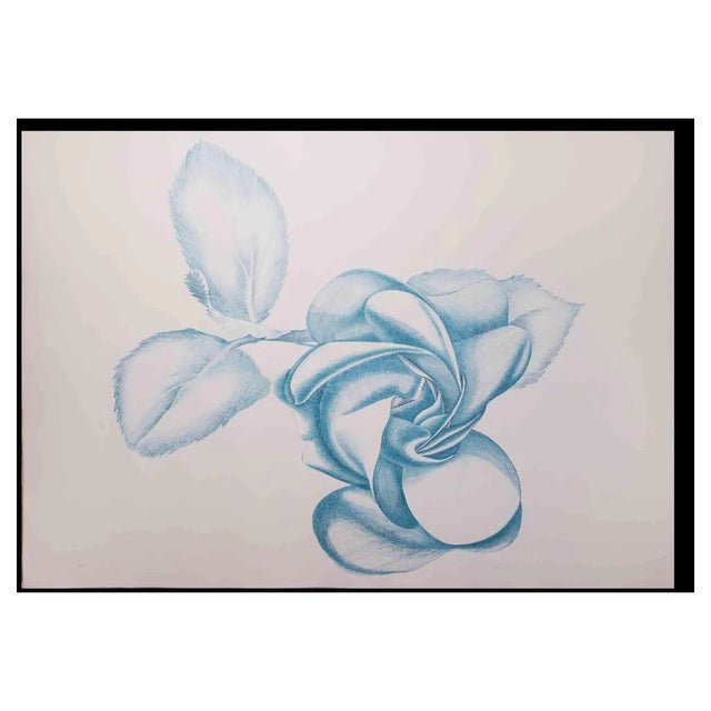 Giacomo Porzano, Blue Rose, Original Etching, 1970s For Sale