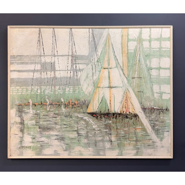 Large-scale mixed-media style painting by Ferrante depicting an abstract harbor scene with sailboats, masts, dockside...