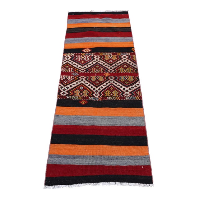 1980s Ethnic Design Cappadocia Hand Knotted Natural Wool Kilim Runner Rug For Sale