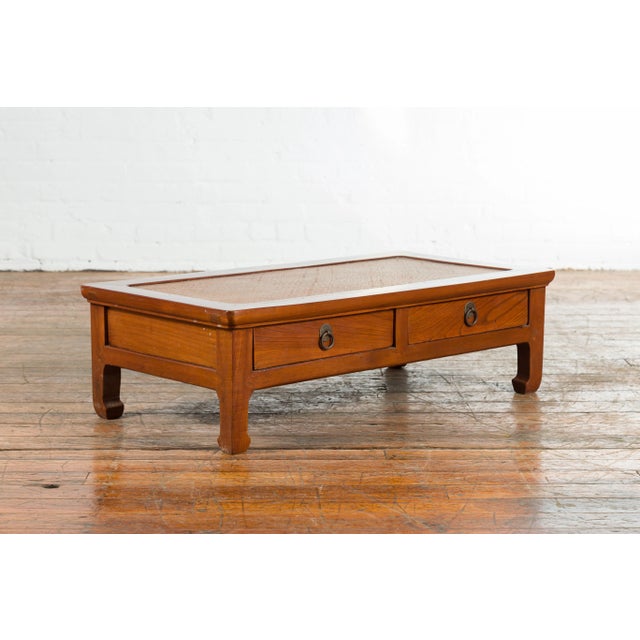 Chinese Vintage Low Elmwood Table with Rattan Inset Top and Two Drawers For Sale - Image 9 of 13