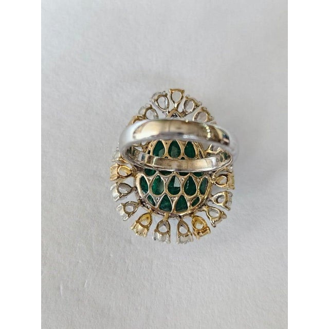 Metal Set in 18k Gold, 10.40 Carats Zambian Emerald & Rose Cut Diamond Engagement Ring, Size 6 For Sale - Image 7 of 10