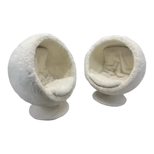 Modern Atomic Space Age Style Orbit Swivel Pod Lounge Chairs by Rh Teen in White Faux Fur - Pair
