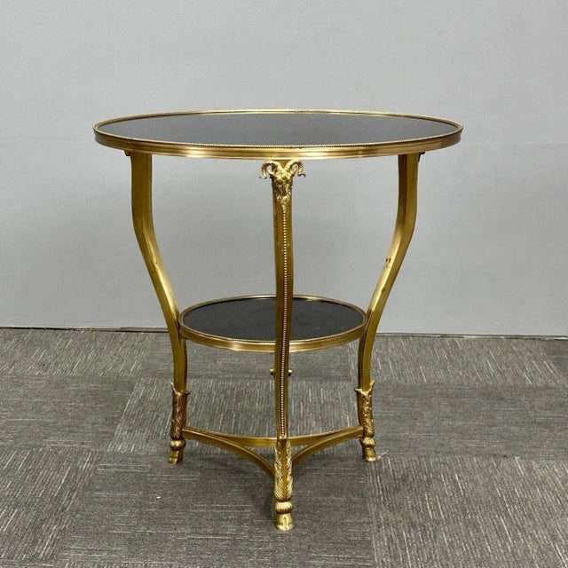 Metal Pair of French Rams Head Gueridon, End or Side Tables, Black Marble Top, Bronze For Sale - Image 7 of 13