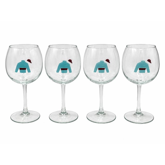 American Set of 4 Vanderbilt Whitney Estate Jockey Silks Wine Glasses For Sale - Image 3 of 10