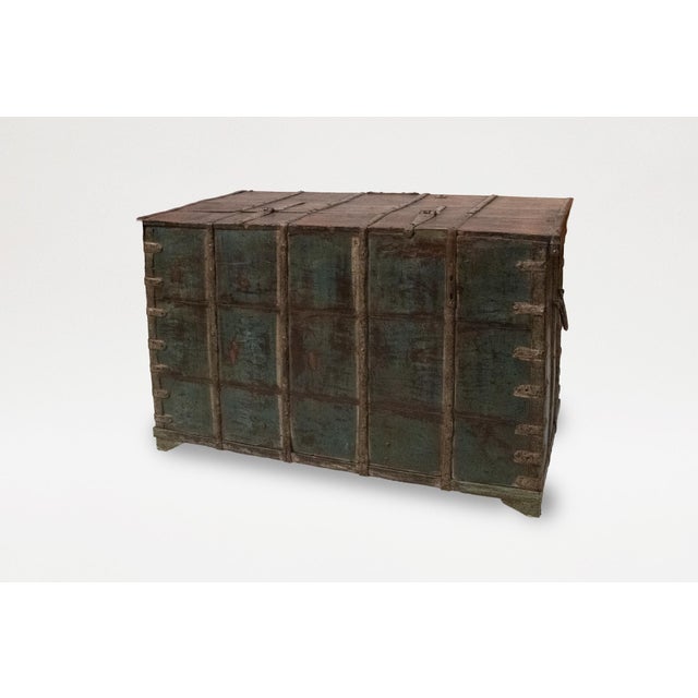 English Anglo-Indian Painted Teak Iron-Bound Merchant's Chest For Sale - Image 3 of 8