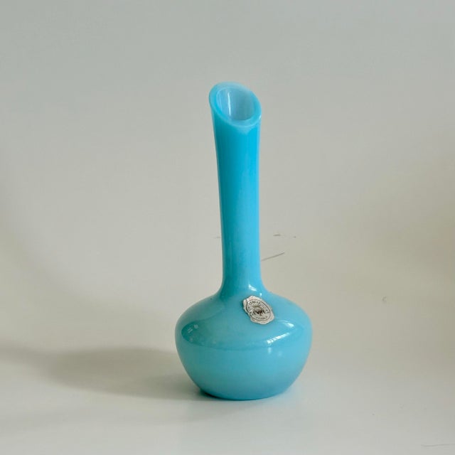 Mid-Century Modern French Blue Opaline Glass Bud Vase, Sevres Cristallerie, France (With Label ) For Sale - Image 3 of 9