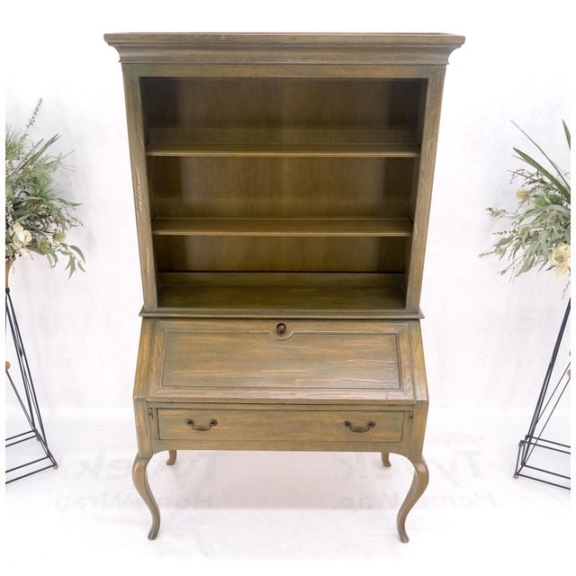 Henredon Solid Oak Olive Finish Wide Open Bookcase Secretary Desk Country French For Sale - Image 9 of 12