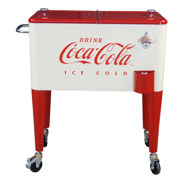 Vintage Style 60 Qt Coca-Cola Rolling Patio Cooler Cream & Red Ice Chest Cart For Sale