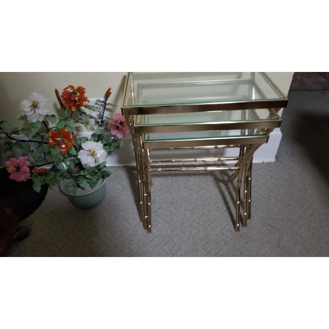 20th Century Faux Bamboo GOLD Nesting Tables Beautiful late century Metal Gold faux bamboo nesting tables With Glass...